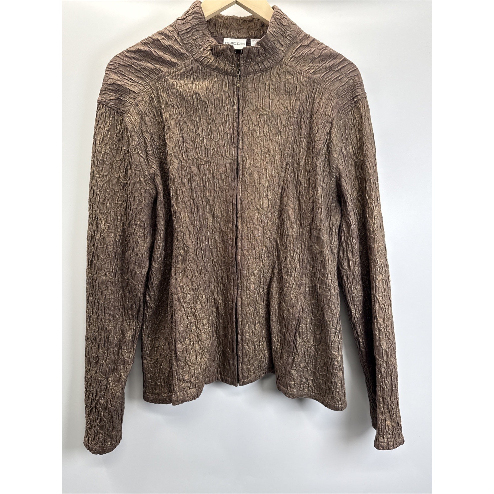 Chico's 2 Women's Metallic Gold Bronze Crinkle Texture Full Zip Jacket Coat Top